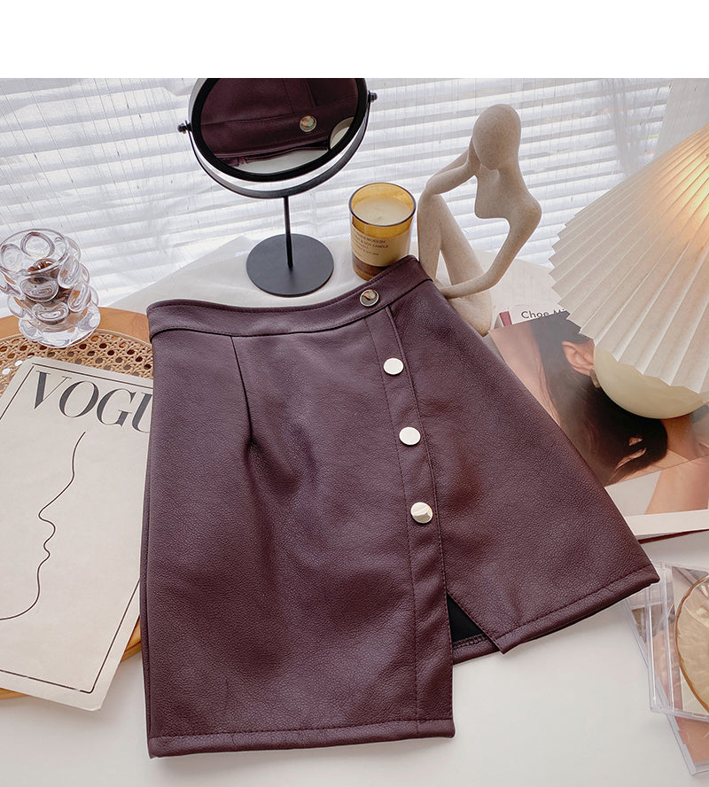 Fashionable temperament irregular single breasted high waist PU leather skirt 5593