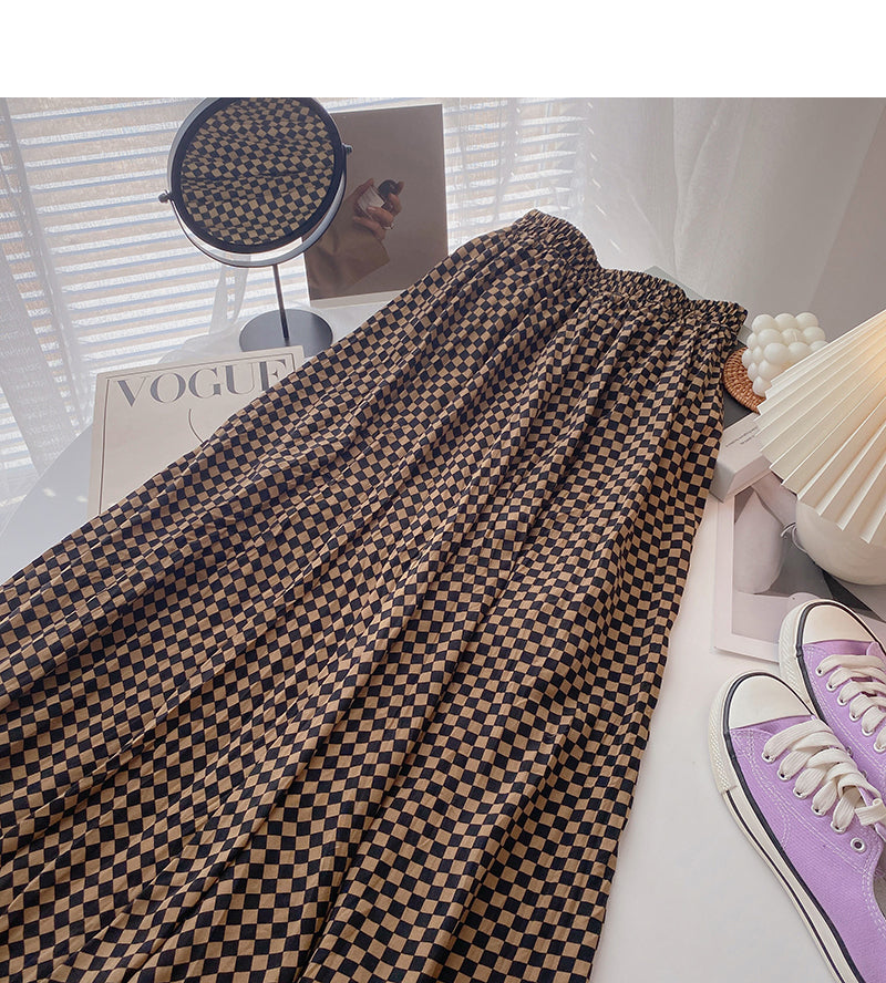Irregular plaid skirt women's slim high waist elastic A-shaped long skirt 5807