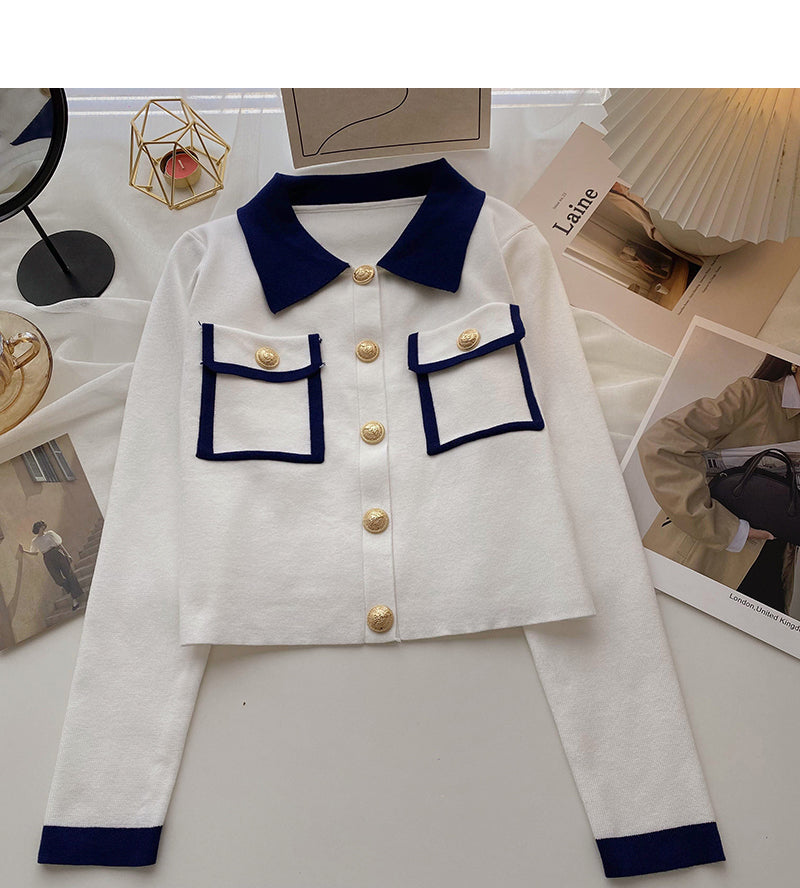 Knit cardigan design contrast color long sleeve top 6584