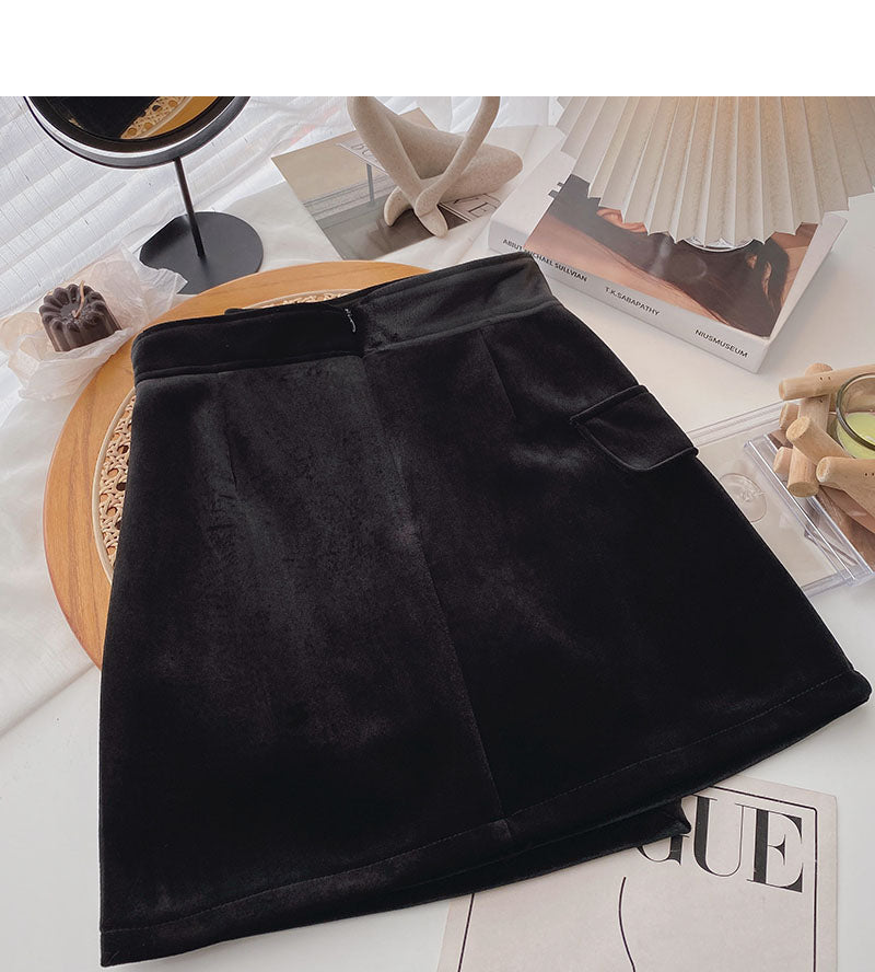Irregular personality button high waist black A-line skirt 5562