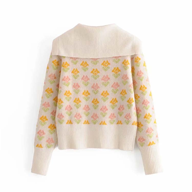 Retro autumn girl sweet temperament two-color flower short sweater sweater 7163