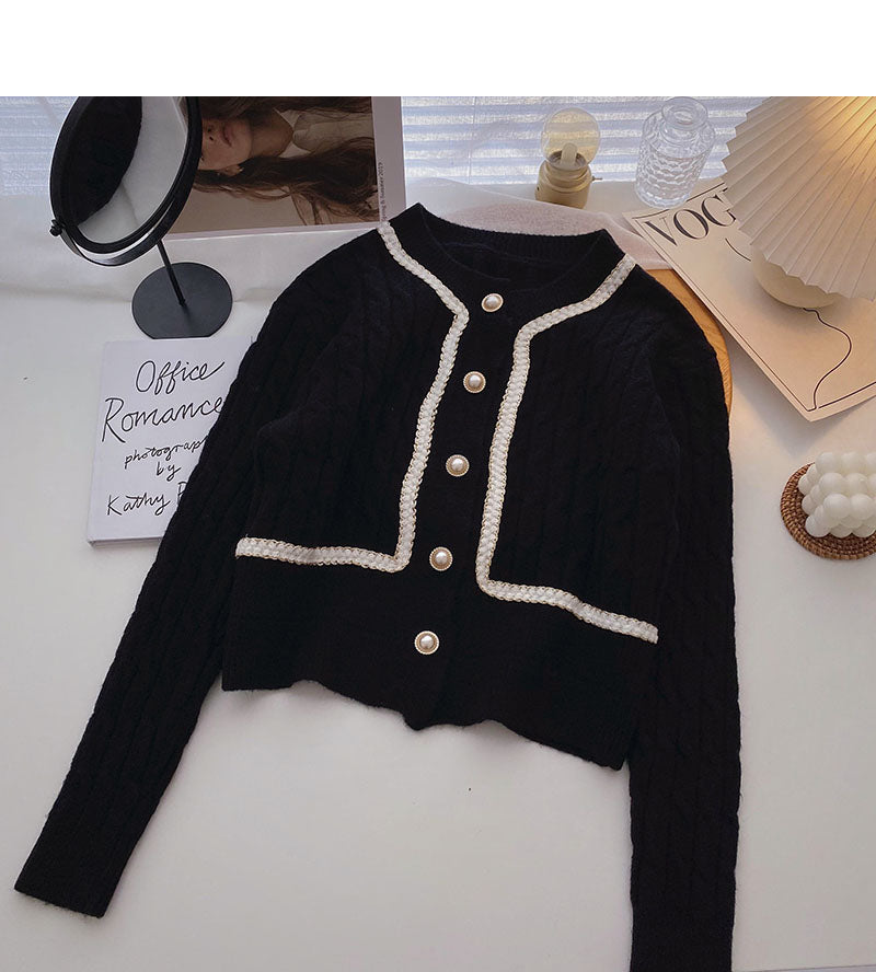 Vintage-Perlenschnallen-Design Sense Hanf Kurz-Langarm-Top 5856