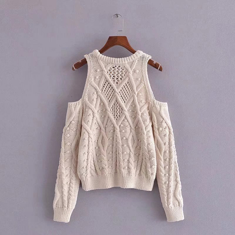 New fashion temperament hollow sweater off shoulder crew neck sweater 7205