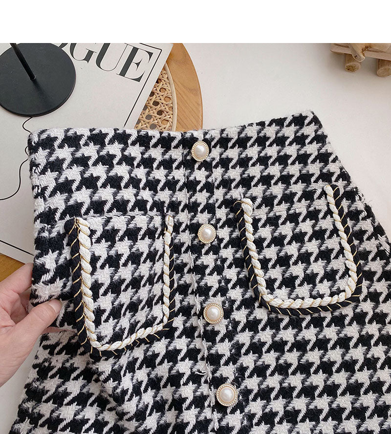 Pearl button small fragrance wind high waist thousand bird grid A-shaped skirt 5571