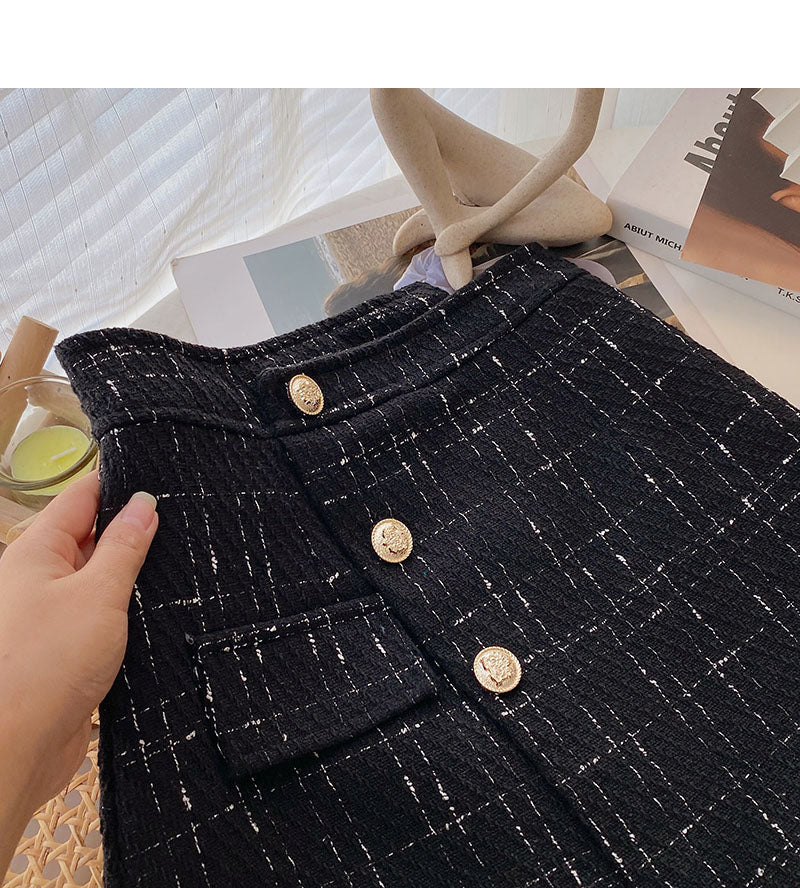 Jupe à carreaux slim taille haute à simple boutonnage de conception irrégulière 5582