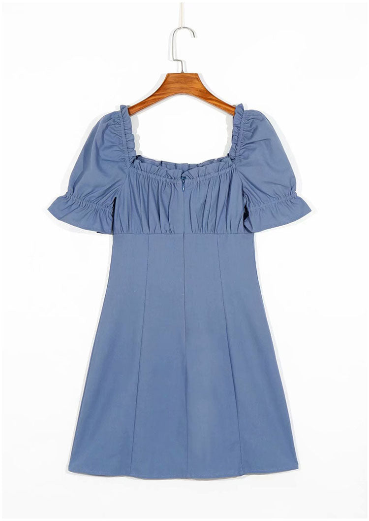 New style square neck waist fold Hepburn style bubble sleeve skirt 7075