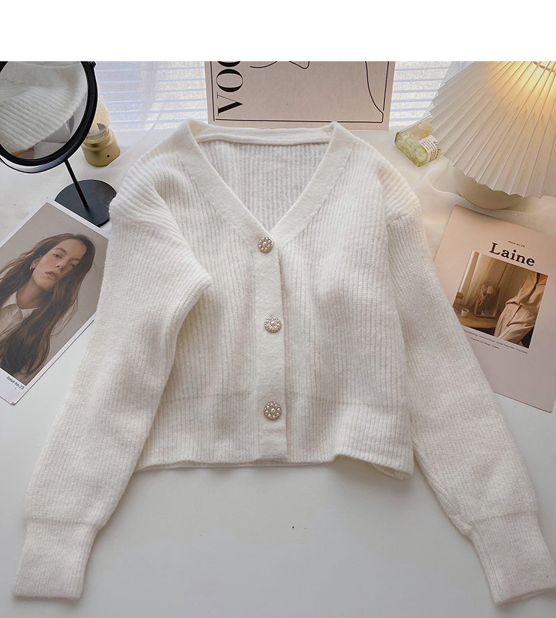 Vintage sweet Beaded single breasted long sleeved top 6098