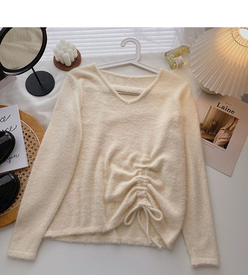 Imitation mink sweater niche V-neck drawstring slim top 6577