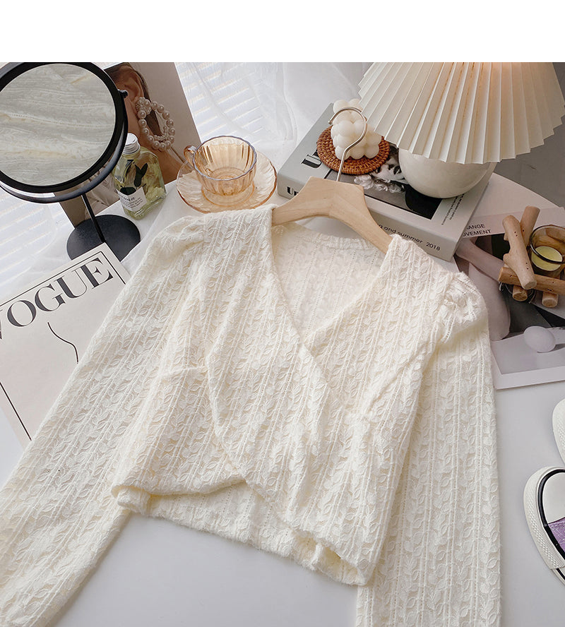 Neues koreanisches Kurzarm-Oberteil mit V-Ausschnitt im Kreuzstil 6346