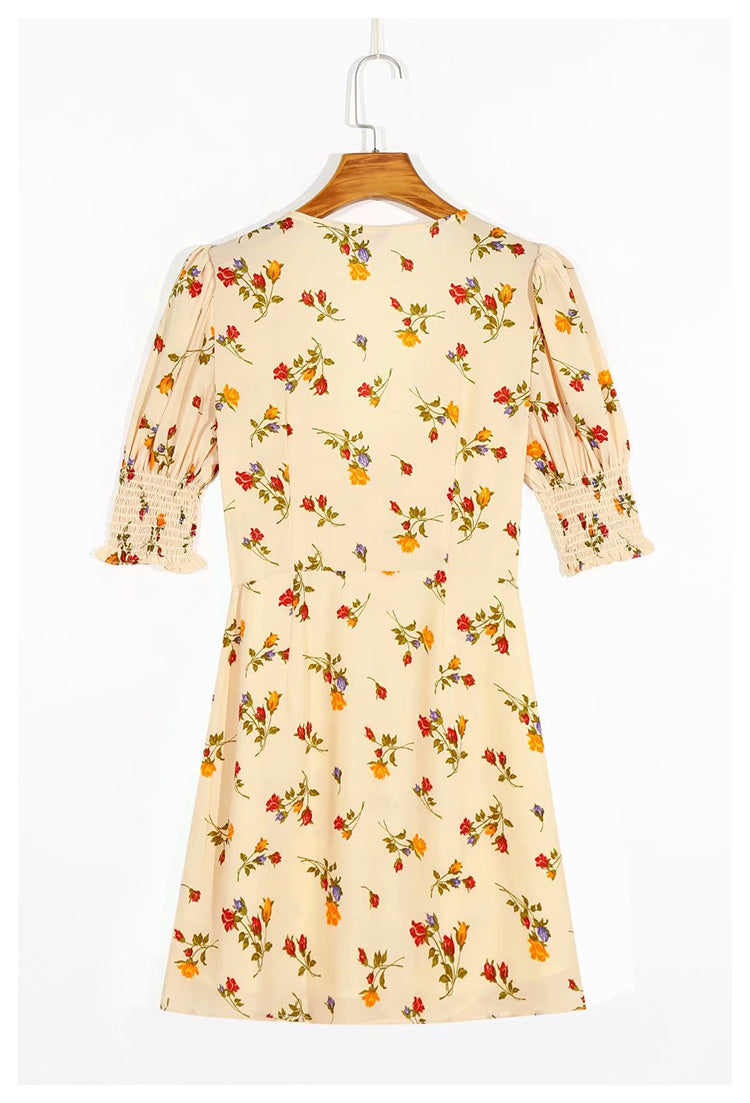 Kleid 7037 mit französischem V-Ausschnitt und frischem Blumenmuster im Retro-Stil