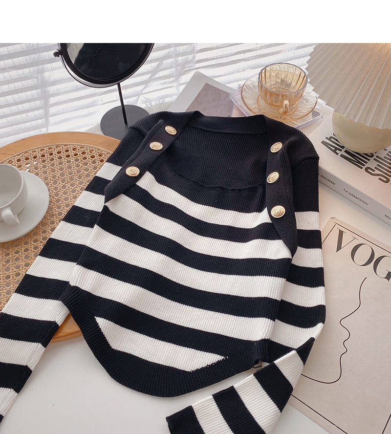 Striped square neck T-shirt thin long sleeve top 6489