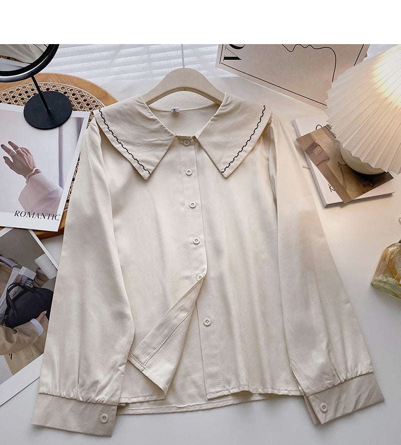 Chemise à col bébé de couleur unie à manches longues et haut à boutonnage simple 6422