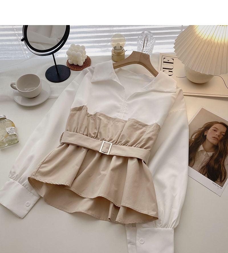 Haut coréen à manches longues et ceinture assortie de couleur 6284