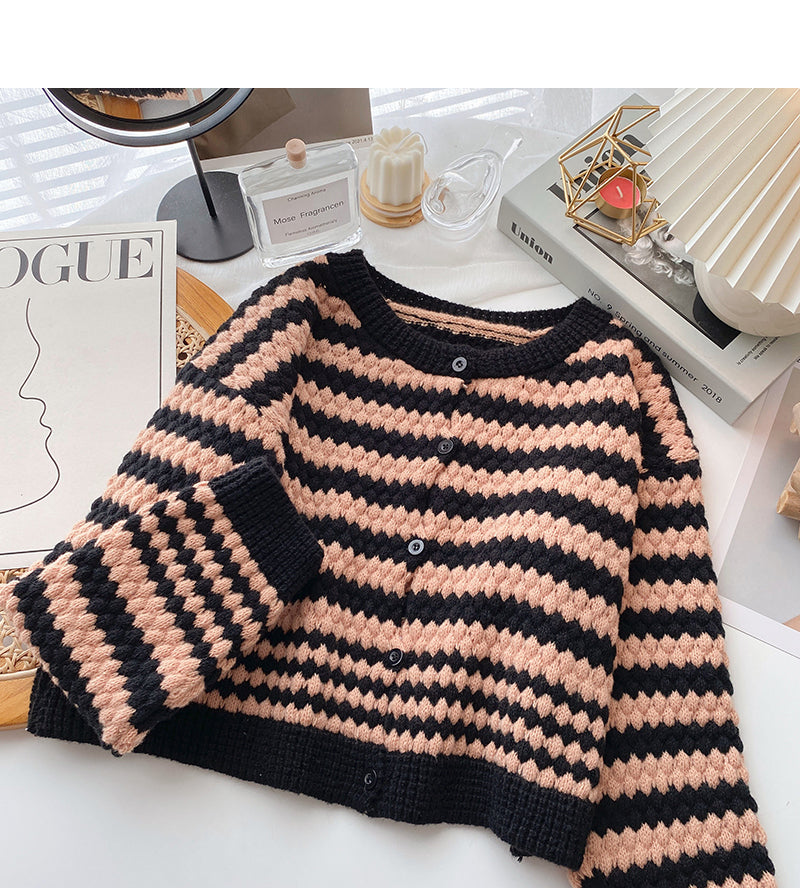 Crew neck sweater cardigan women's stripe contrast long sleeve 6068