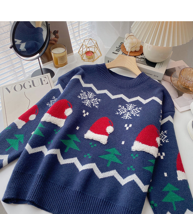 Christmas hat jacquard contrast sweater long sleeve Pullover Top 6161