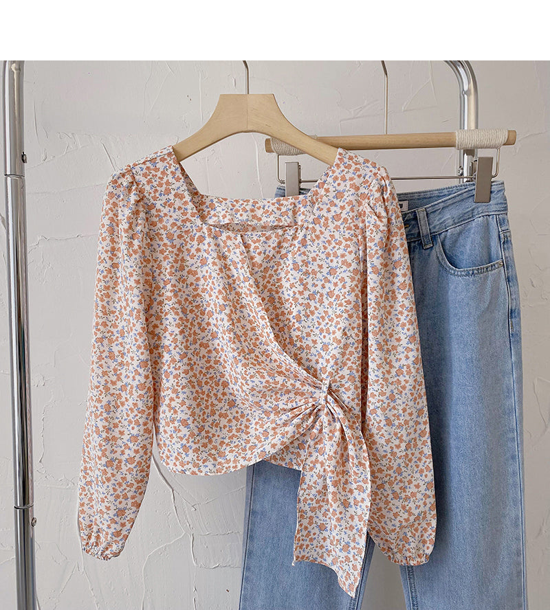 French Square Neck Long Sleeve Shirt shows thin and fashionable top 6437