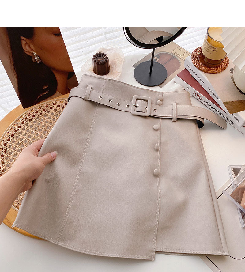 Korean fashion irregular button high waist thin wrap hip leather skirt 5532