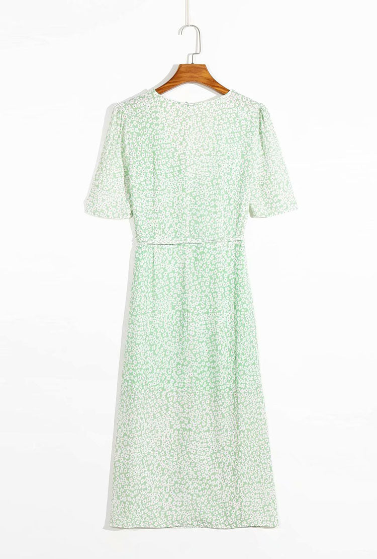 V-neck floral bubble sleeve one piece lace up waist wrap skirt women 7069