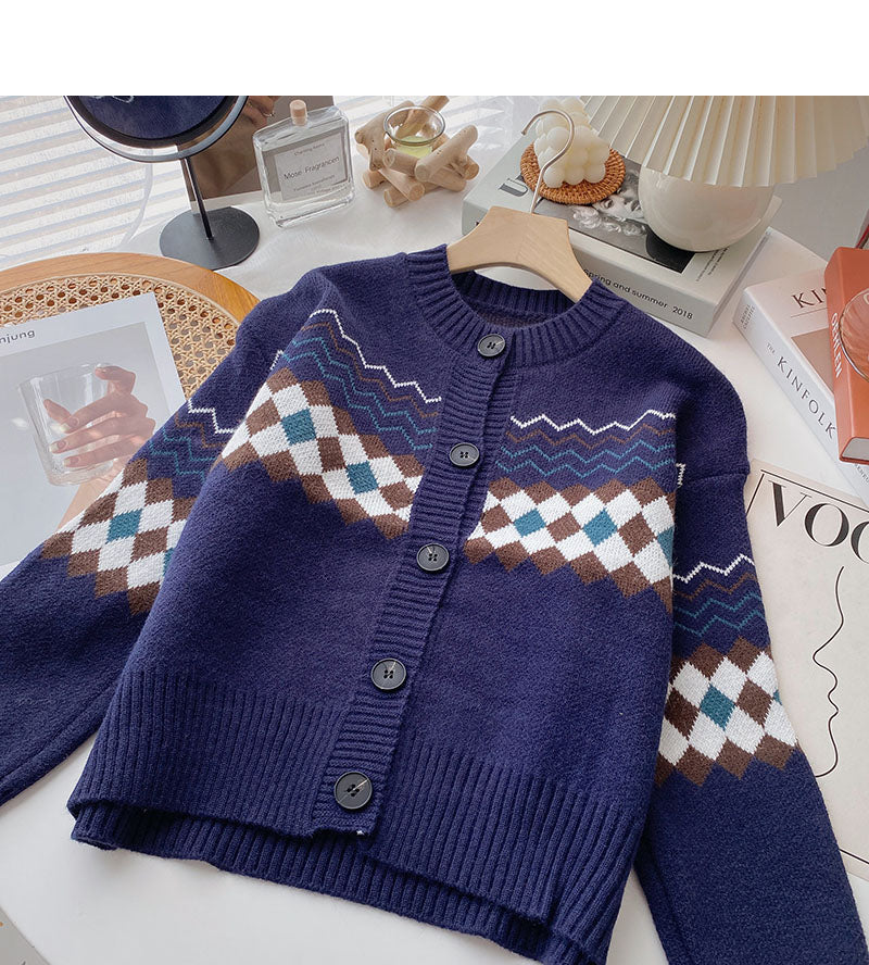 Lazy style retro fashion contrast color long sleeve round neck top 6062