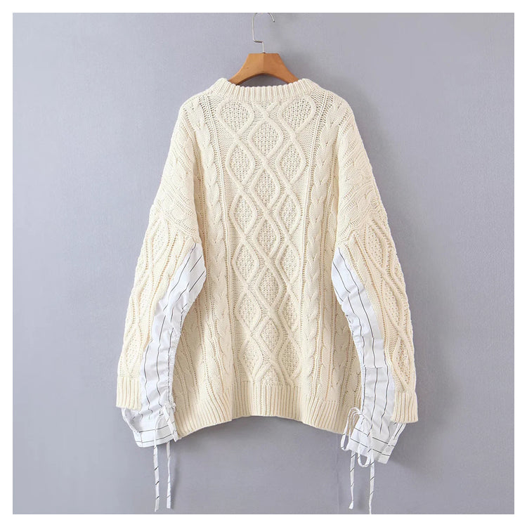 Design sense splicing sleeve round neck Pullover medium length sweater 7477