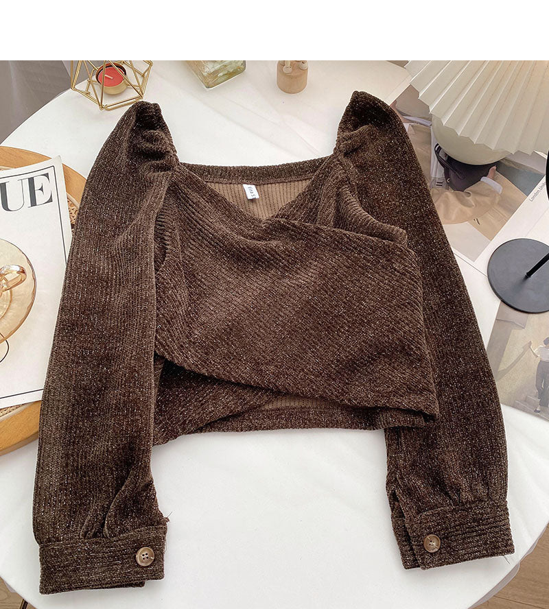 Koreanisches, unregelmäßiges Kreuz, kurzes, schlankes Langarm-Schlüsselbein-Leckoberteil 6345