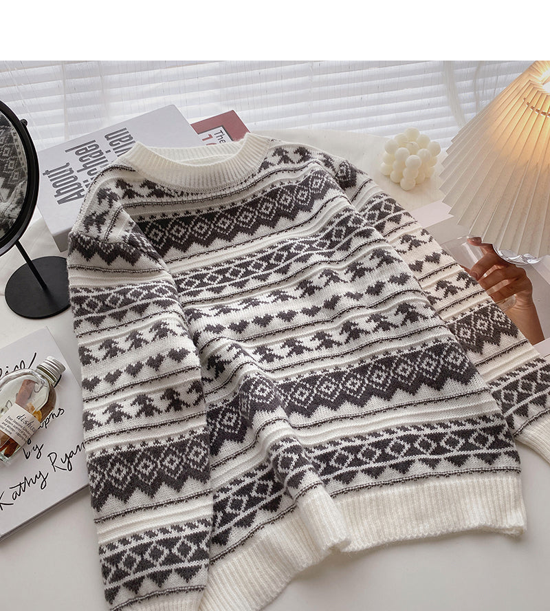 Contrast Vintage jacquard loose Pullover long sleeve sweater 5920