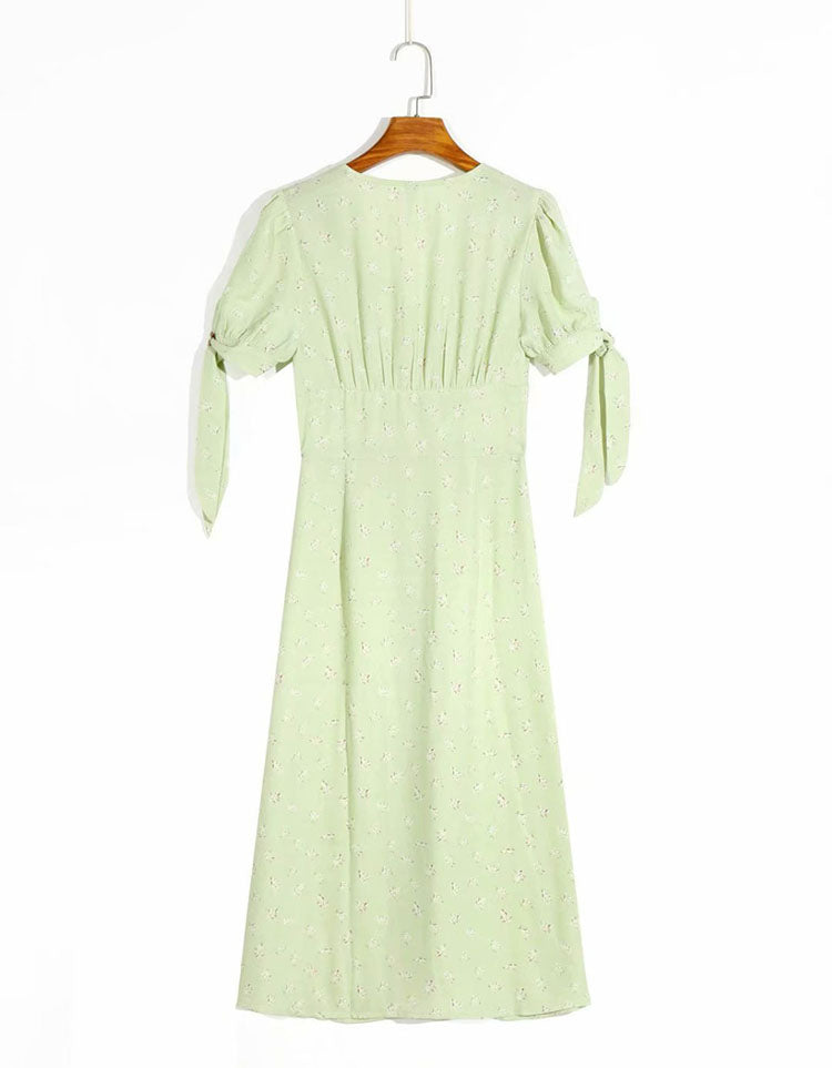 V-Ausschnitt, einreihig, Slim Fit, grün, geblümte Schleifenmanschetten, langes Damenkleid 7062