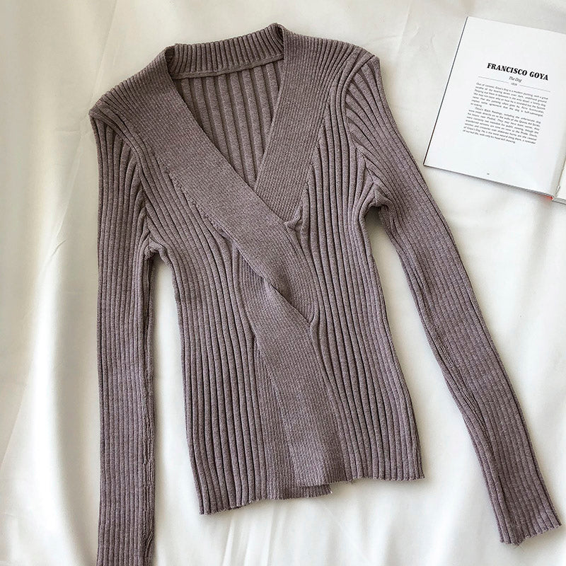 V-neck slim long sleeve slim fit net red pit strip sweater women 6501