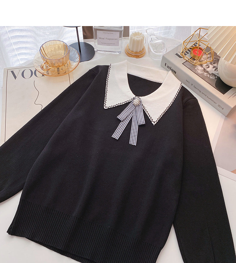 Long sleeve T-shirt design sense nail bead contrast bow top 6497