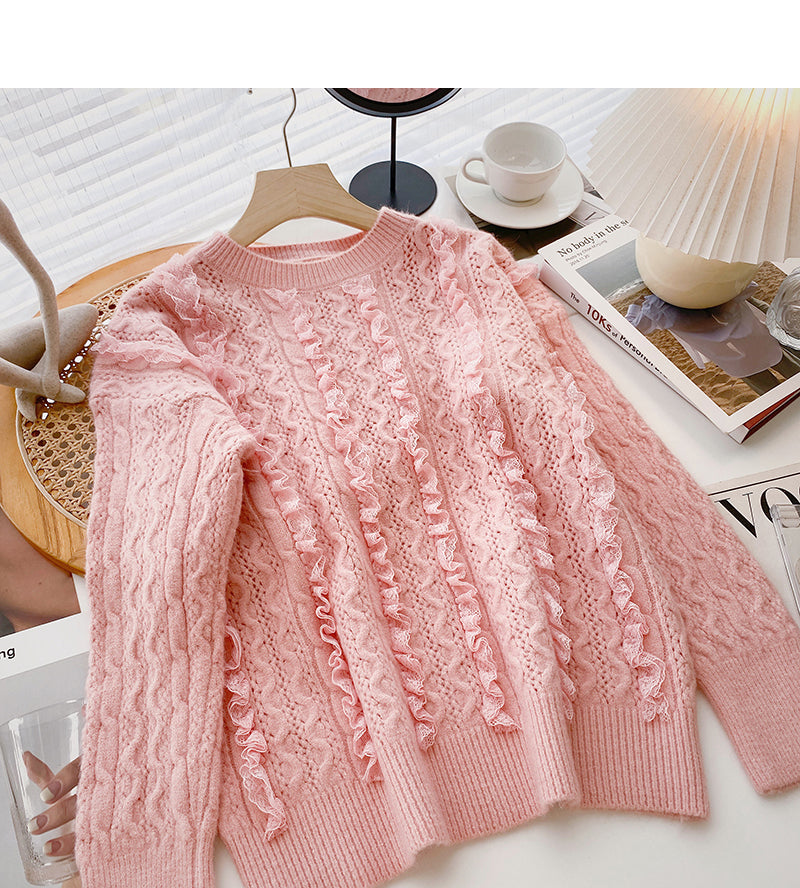 Pull en dentelle ondulée au design sens du design, haut ample et doux à col ras du cou 6088