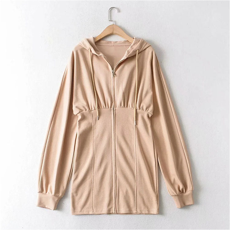 Fried Street Zipper Cardigan Dress Casual Hooded Sweater 7147