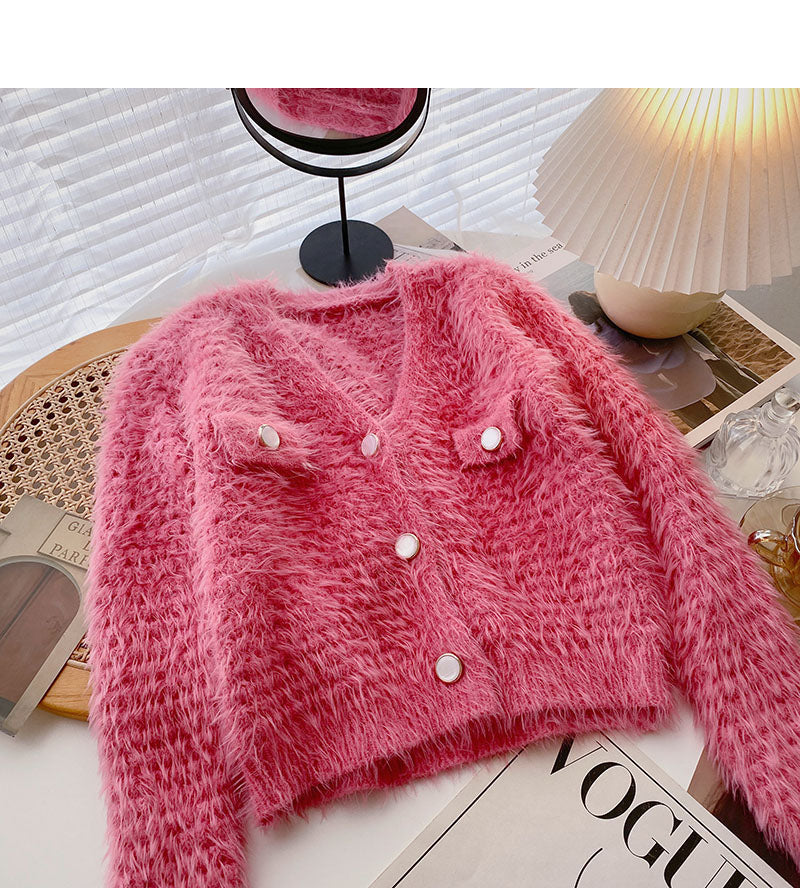 Imitation mink wool solid color sweater knitted cardigan fashion 6135