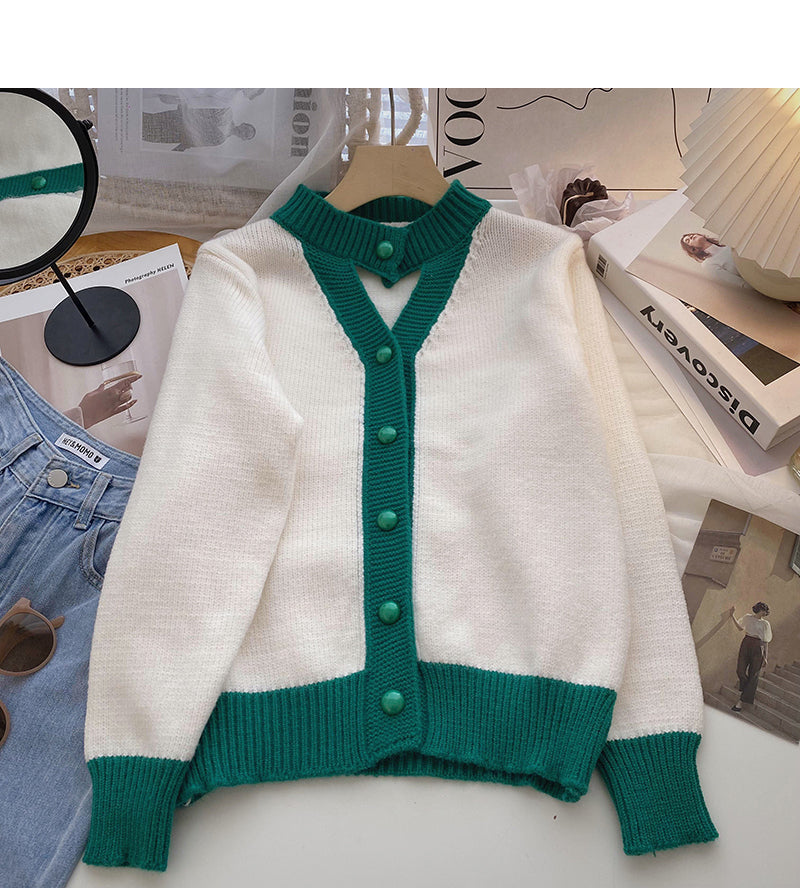 Hollow out design of long sleeve retro color matching sweater 6196