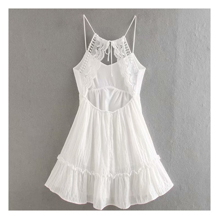 Seersucker lace versatile slim sleeveless stitched backless suspender skirt 7023