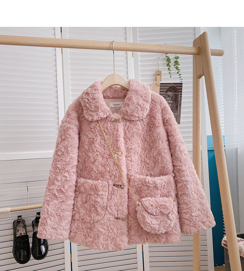 Korean thickened loose lamb wool one-piece coat small ox horn button top 6226
