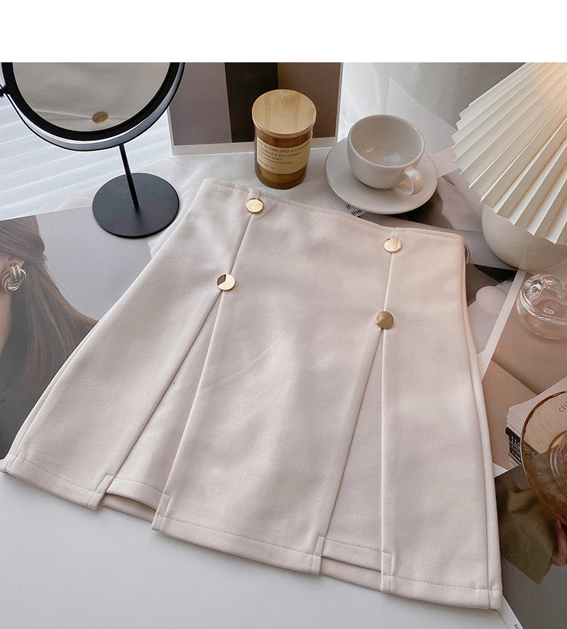 Niche design double row buttons show thin crimp high waist skirt 5652