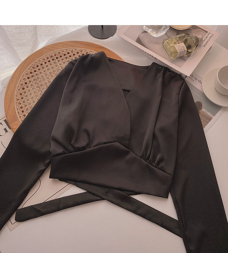 Bandage short design French V-neck blouse 6279