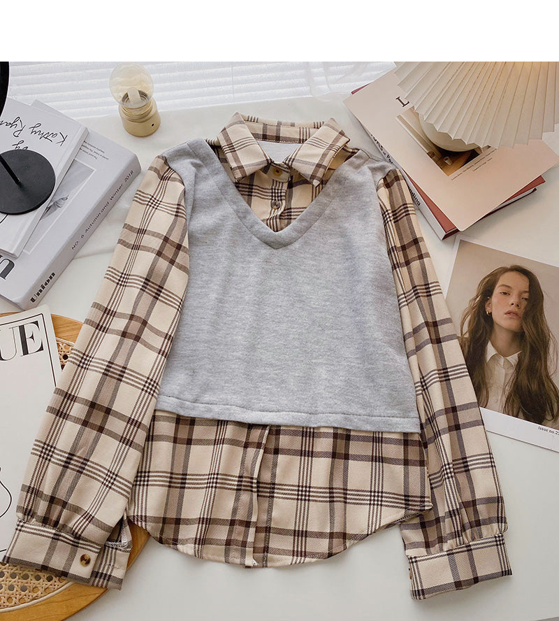 Kariertes Freizeittop im Hongkong-Stil mit langen Ärmeln 6337