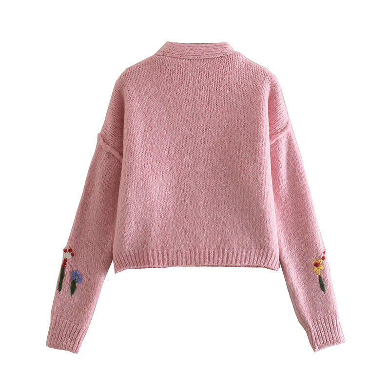 Manteau tricoté en jacquard fleuri à manches longues et col en V 7201