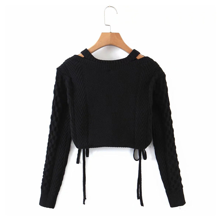 Sweet fake two collarbone hollowed out long sleeved knitted sweaters 7164