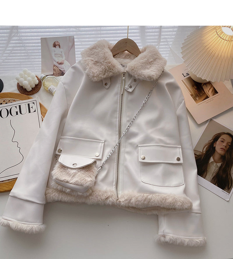 Plush coat fashion retro loose long sleeved PU leather clothes delivery bag 6220