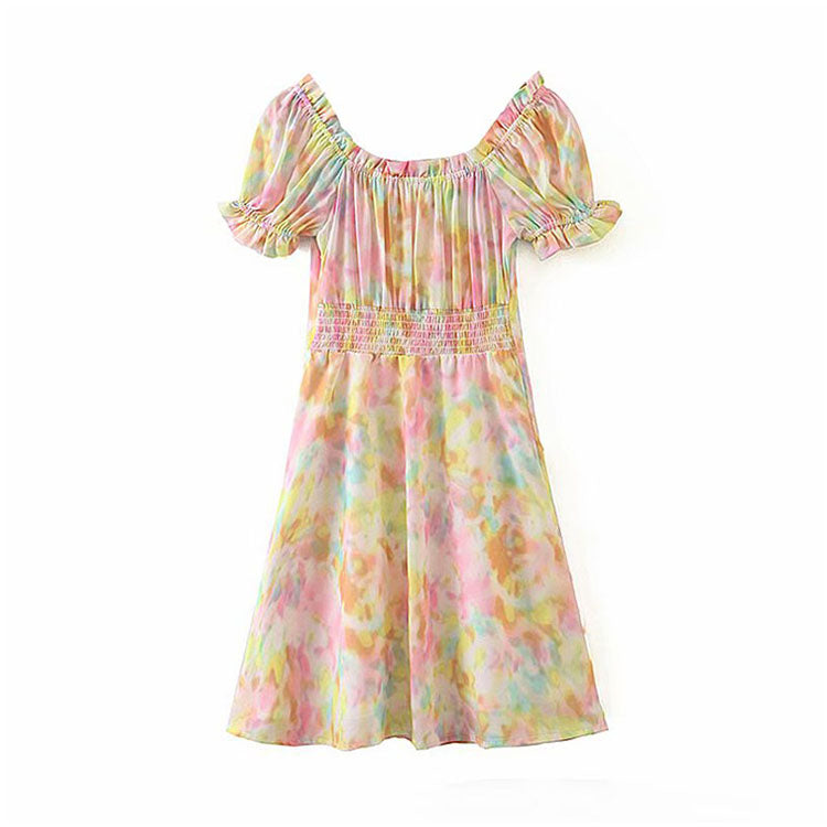 Vintage Blumenkleid mit eckigem Ausschnitt und Luftblasenärmeln zum Schnüren mit Farbverlauf 7083