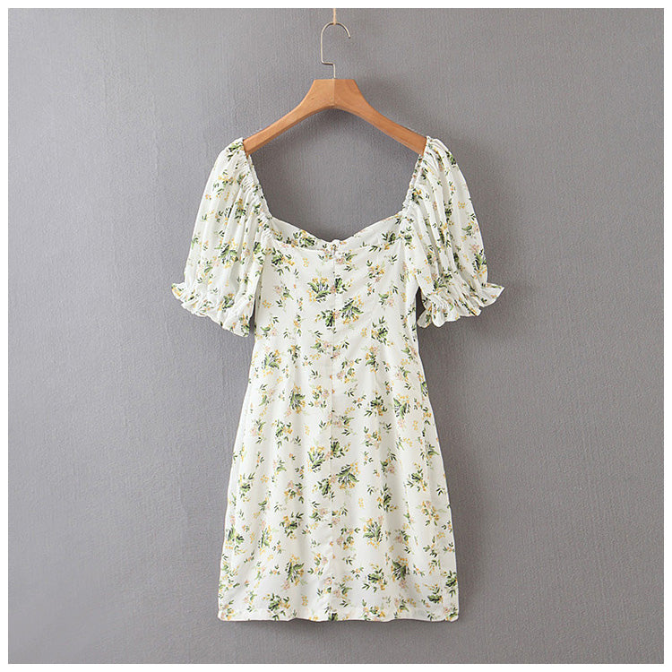 French retro court style square neck lace up bubble sleeve dress 7063