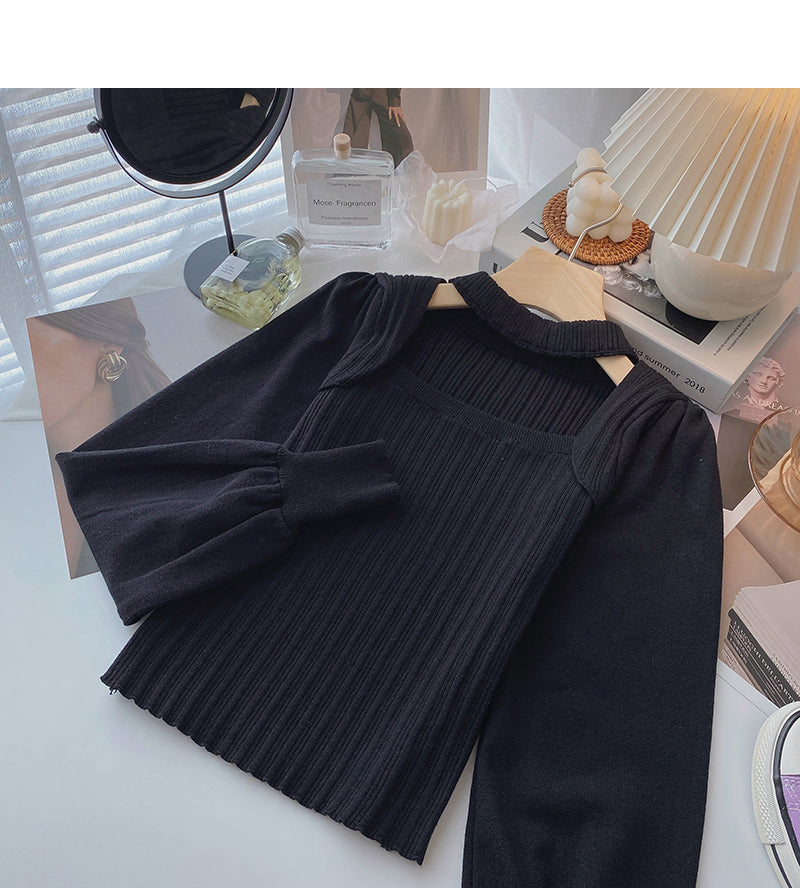 Careful machine hollowed out square neck sweater Lantern Sleeve Top 6516
