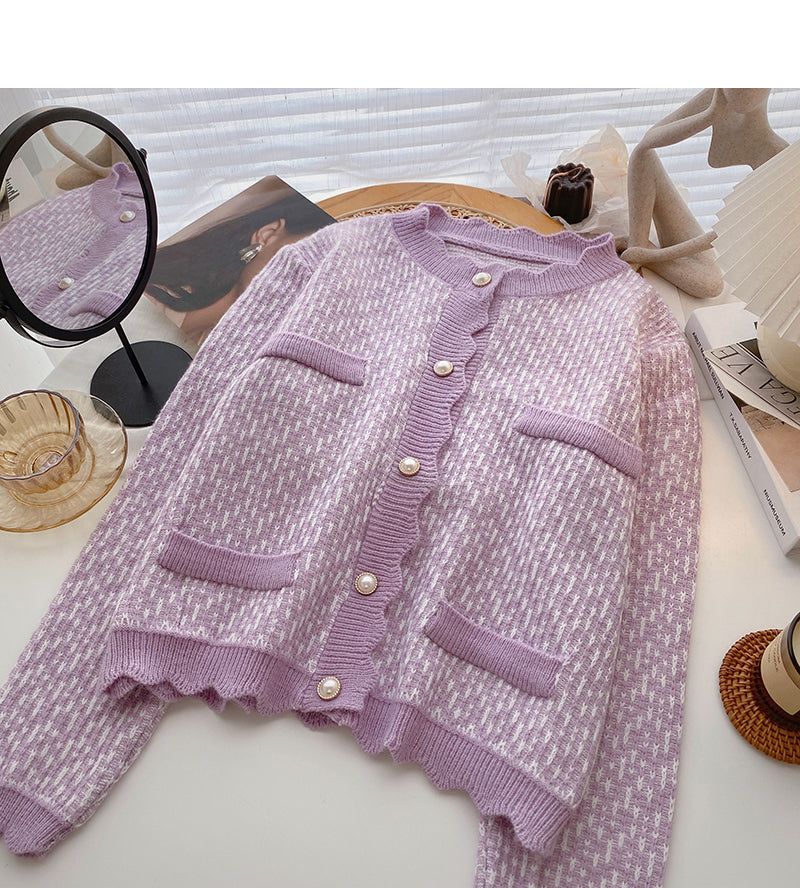 Crew neck color matching single breasted sweater coat 6085