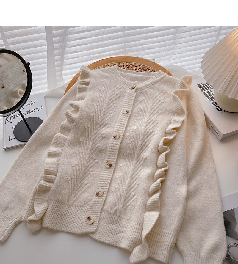 Fungus edge stitching design single breasted long sleeved sweater 5910