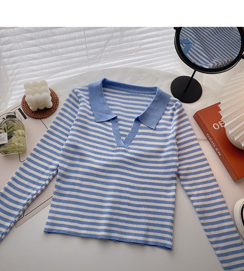 T-shirt Lapel stripe contrast color shows thin slim top fashion 6538