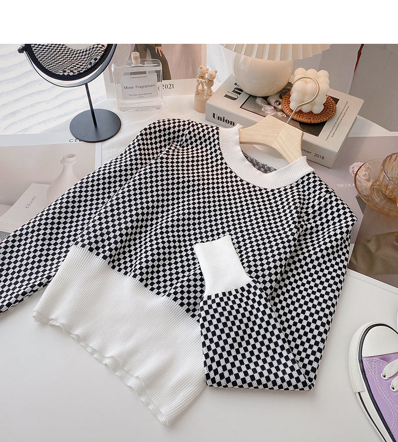 Haut à carreaux contrastés à col ras du cou Haut à manches longues vintage 6449