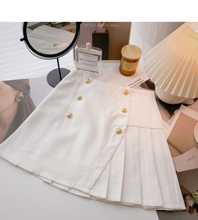 New design personalized double row button high waist A-line pleated skirt 5647