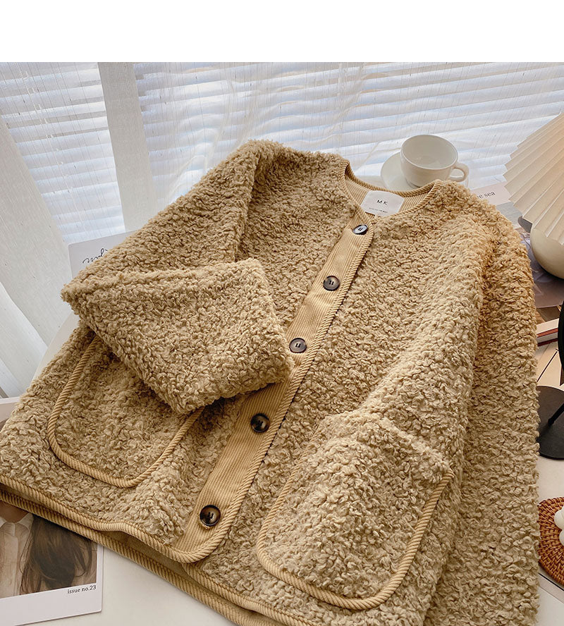 Lamb wool coat female Korean minority design loose pocket long sleeve top 6221